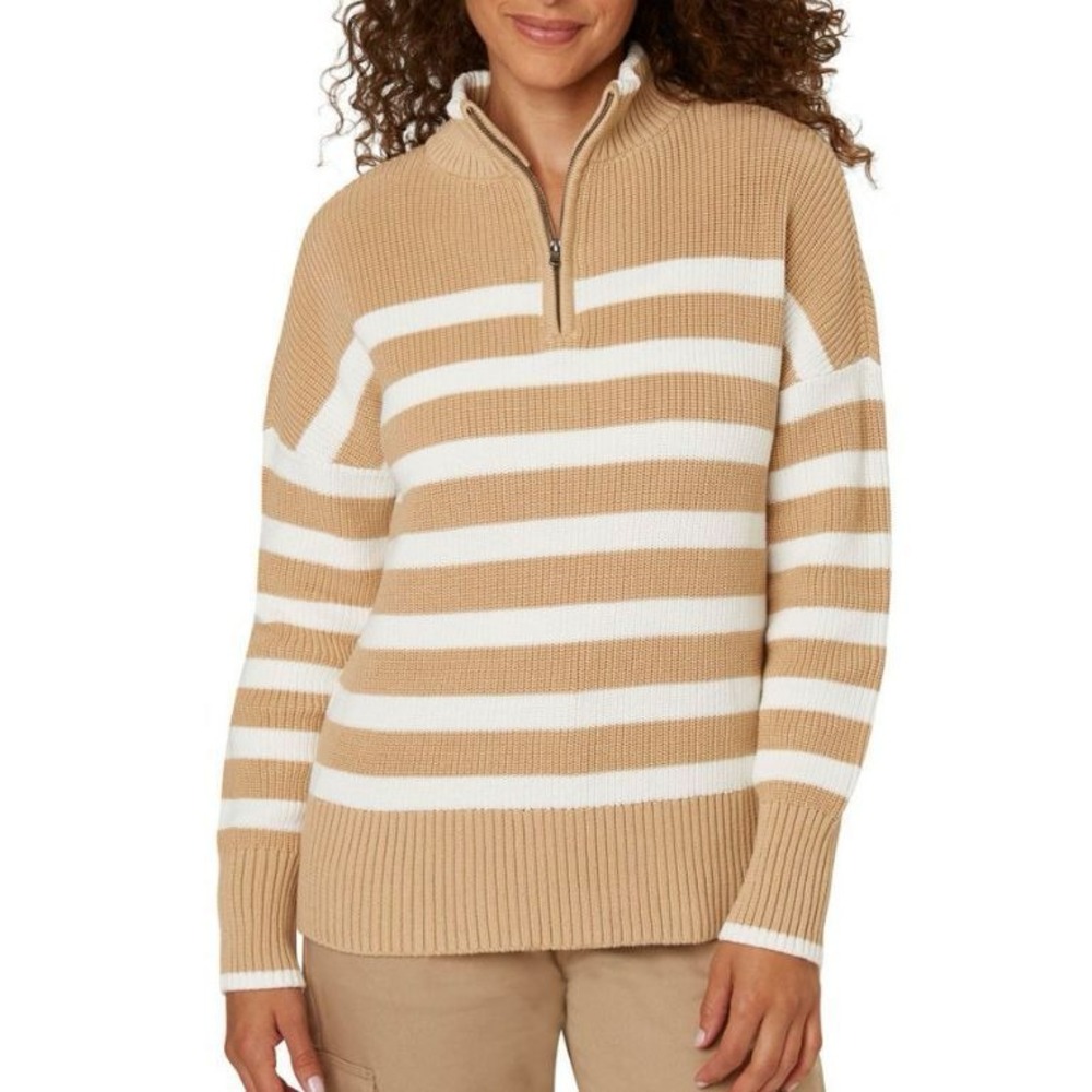 LAND'S END Quarter Zip Striped Sweater Tan White Size XXL New With Tag